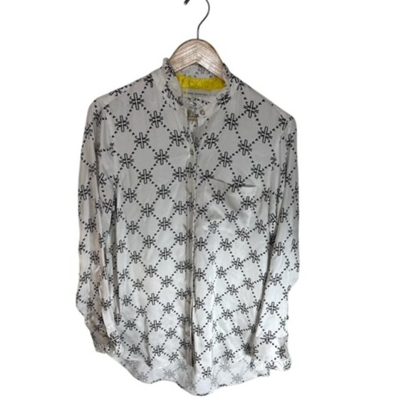Kerri Rosenthal Mia Ruffle Argyle Rayon Shirt Tunic Top White Button Down Sz S - Picture 1 of 12